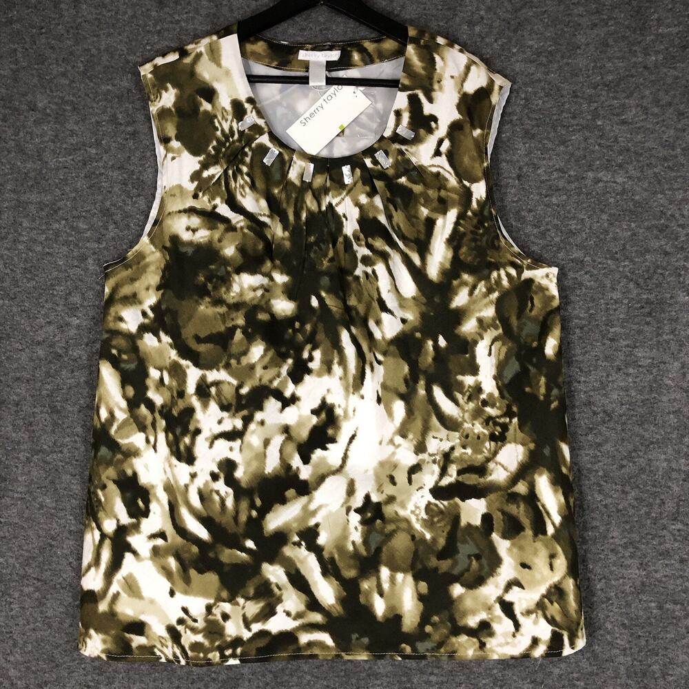 Sherry Taylor Top Womens XL Sage Tie Dye MOP Embellished Neck Lined Sleeveless